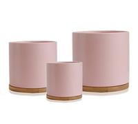 Olly & Rose Set 3 Ceramic Plant Pots with Bamboo Coasters Pastel Pink Indoor Planters Ceramic Flower Pots Containers Outdoor Large, Medium, Small with saucers
