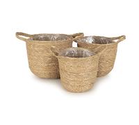 Olly & Rose Set 3 Planter Baskets Premium Indoor Plant Pots Set - Natural Woven Seagrass Baskets with Liner for Small and Medium Plants Flower Pot Planters Indoors