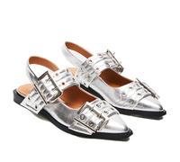 olomisa Ballet Flats Shoes for Women，Buckle Ballerina Flats with Poninted Toe Low Heel Slingback Ankle Strap Mary Jane Flats, Silver, 12