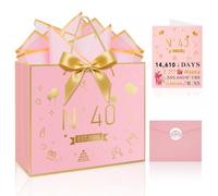 OLOSONG Happy 40th Birthday Gift Bag for Women,with Handles Design,40 years old Greeting Card, Envelope Sticker Bow Ribbon and Tissue papers for Women Girls （13“Pink+Gold Hot Stamping）