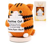 OLOSONG Positive Crochet Cat, Handmade Amigurumi Emotional Support Mini Kitty, Cute Funny Keepsake Ornament, Birthday Gifts for Women Men Mum Grandma Daughter Son Friends