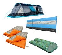 OLPRO Family Bundle - Stafford 8.0 Tent, Compact Vision Windbreak, 2x Hish Pattern Single Sleeping Bags, 2x Kids Jungle Pattern Sleeping Bags