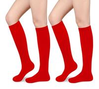 Olreco Knee High Socks for Women Knee Socks for Women Cotton Long Sock Striped Tube Sock Halloween Costumes 80s Accessories, 2 Pack Pure Red, One size