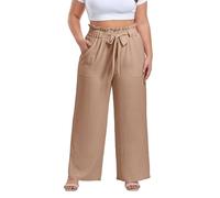 OLRIK Women's Casual Plus Size Pants High Waisted Self-tie Belted Lounge Pants Straight Long Trousers with Pockets, Khaki, 3X