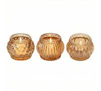 Olrla Amber Glass Tealight Holders, Set of 3 Shapes (6.5 x 5 x 4 cm) - Small Pumpkin & Lantern Style Candle Holders, Elegant Home Decor, Festive Table Centrepiece