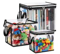 OLRWSLG 3 Pack Storage Boxes Clear PVC Toy Storage Bags Waterproof Reusable PVC Zipper Pouch Organizer Bag Foldable Plastic Boxes with Lids and Handle for Book Building Blocks Puzzles Storage 3 Size