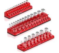 Olsa Tools 1150 Magnetic Socket Organiser | 3 Piece Socket Holder Kit | 1/2-inch, 3/8-inch, & 1/4-inch Drive | SAE Red | Holds 68 Sockets | Professional Quality Tools Organizer