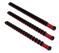 Olsa Tools 3 Pc Set Aluminum Socket Organizer with Locking End Caps | 1/4-Inch Drive x 24 Clips, 3/8-Inch Drive x 18 Clips, 1/2-Inch Drive x 16 Clips | Professional Quality Socket Holder (Red)