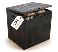 Olsen & Smith 126L Lockable Outdoor Garden Plastic Storage Box Container Chest - Small Lawn Balcony Furniture, Weather Resistant, Wood Panel Effect (Black)