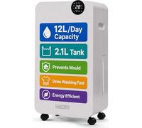 Olsen & Smith 12L/Day Quiet Electric Dehumidifier on Wheels, White | For Home Damp, Laundry Mode, 2.1L Tank & Drainage Hose, Quiet, Bedroom Kitchen Bathroom & Garage, 5p/h to Run, White
