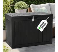 Olsen & Smith 170L Lockable Outdoor Garden Plastic Storage Box Container Chest - Small Lawn Balcony Furniture, Weather Resistant, Wood Panel Effect (Black)