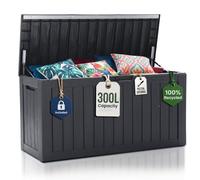 Olsen & Smith 300L Outdoor Garden Storage Box & Bench Seat - Deck Chest | Weatherproof cushion, tool store - sits two or three at 200kg - gas-assisted pistons lift the lid - padlock included