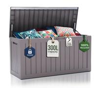 Olsen & Smith 300L Outdoor Garden Storage Box & Bench Seat - Deck Chest | Weatherproof cushion, tool store - sits two or three at 200kg - gas-assisted pistons lift the lid - padlock included