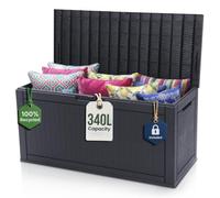 Olsen & Smith 340L Rattan Effect Garden Storage Box - Waterproof Deck Chest | Padlock included - 100% recycled, seats two at 150kg - 119cm long, hinged lid - cushions, tools, parcels & pool kit