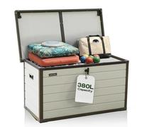 Olsen & Smith 380L Large Garden Storage Box - Weather Resistant Heavy Duty Garden Box with Padlock & Wood Effect - Huge Capacity Outdoor Storage Chest for Tools, Cushions, Toys & More (BEIGE)