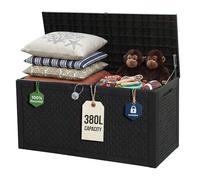 Olsen & Smith 380L Rattan-Effect Garden Storage Box & Bench Seat - 225kg Sit-on, 100% Recycled Dark Anthracite - Lockable Waterproof Chest with Padlock & Gas-Assist Hinges for Cushions, Tools & Toys