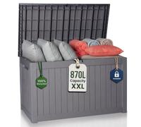 Olsen & Smith 870L XXL Recycled Lockable Garden Storage Box & Bench Seat | 100% Recycled, Padlock Included, Gas-Assisted Lid, Waterproof, Seats Two, Anthracite Wood-Effect, Cushions Tools & Toys