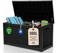 Olsen & Smith 980L XXL Recycled Lockable Garden Storage Box & Bench | 100% Recycled, With Padlock, 250kg Sit-On, Lockable, Waterproof, Rattan-Effect Anthracite, Cushions Tools Toys & Furniture