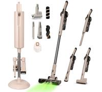 Olsen & Smith Lightweight 18000pa Self-Emptying Vacuum Cleaner 250W Upright Cordless Handheld Stick Vacuum Cleaner with Base Station, Dust Light & Accessories for Home, Furniture, Car & More (Cream)