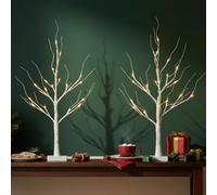 Olsen & Smith Set Of 2 Pre Lit White Birch Twig Trees, 24 Warm White Led Lights, Battery Operated, Tabletop Indoor Christmas Decor