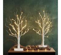 Olsen & Smith Set of 2 Pre Lit White Mini Birch Twig Christmas Xmas Tree Ornament with 24 Warm White LEDs Lights Battery Operated Xmas Tabletop Decoration for Christmas Home Party (60cm/2ft)