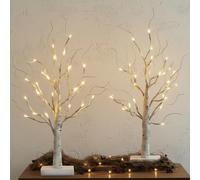 Olsen & Smith Set of 2 Pre Lit White Mini Christmas Xmas Tree Birch Twig Tree Ornament with 24 Warm White LEDs Lights Battery Operated Tabletop Decoration for Christmas Home Party Wedding (60cm/2ft)
