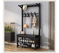 OLSKFUH 4 In 1 Industrial Coat Rack With Shoe Storage Entryway With 12 Hooks Metal Frame Furniture For Entry Hall And Home Decor,Negro-60 * 33 * 172cm