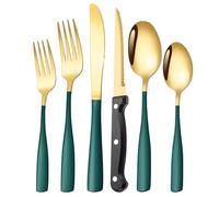 OLSKFUH Cutlery Flatware Cutlery Set, 6/24/36/48/60/72Pcs Stainless Steel Square Handle Cutlery Set Creative Steak Cutlery Square Handle Cutlery Spoon,Green Gold-48 Pieces for 8