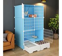 OLSKFUH Indoor Cat Cage With Pull-Out Cat Litter Box, 2/3-Tier Diy Pet Playpen Detachable Dense Metal Wire Cat Villa Enclosure With Storage Cube Small Animal Fence House,Blue-B-75 * 49 * 127cm(1)