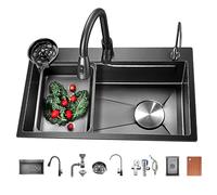 OLSKFUH Utility Sink,Domestic Sink Set Kitchen Sink, Drop-In/Undermount Farmhouse Workstation Sink Single Bowl, 304 Stainless Steel Rectangular Sinks With Pull Down Sprayer Fauce,Black D-75X45cm