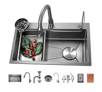 OLSKFUH Utility Sink,Domestic Sink Set Kitchen Sink, Drop-In/Undermount Farmhouse Workstation Sink Single Bowl, 304 Stainless Steel Rectangular Sinks With Pull Down Sprayer Fauce,Gray D-68X45cm