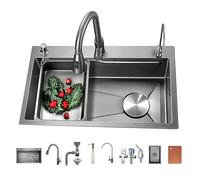 OLSKFUH Utility Sink,Domestic Sink Set Kitchen Sink, Drop-In/Undermount Farmhouse Workstation Sink Single Bowl, 304 Stainless Steel Rectangular Sinks With Pull Down Sprayer Fauce,Gray C-65X45cm