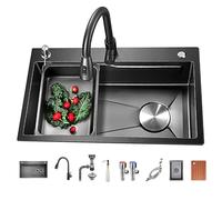 OLSKFUH Utility Sink,Domestic Sink Set Kitchen Sink, Drop-In/Undermount Farmhouse Workstation Sink Single Bowl, 304 Stainless Steel Rectangular Sinks With Pull Down Sprayer Fauce,Black B-80X45cm