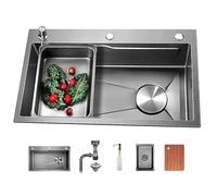 OLSKFUH Utility Sink,Domestic Sink Set Kitchen Sink, Drop-In/Undermount Farmhouse Workstation Sink Single Bowl, 304 Stainless Steel Rectangular Sinks With Pull Down Sprayer Fauce,Gray a-65X45cm