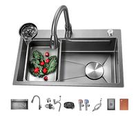OLSKFUH Utility Sink,Domestic Sink Set Kitchen Sink, Drop-In/Undermount Farmhouse Workstation Sink Single Bowl, 304 Stainless Steel Rectangular Sinks With Pull Down Sprayer Fauce,Gray E-65X45cm