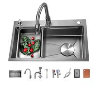 OLSKFUH Utility Sink,Domestic Sink Set Kitchen Sink, Drop-In/Undermount Farmhouse Workstation Sink Single Bowl, 304 Stainless Steel Rectangular Sinks With Pull Down Sprayer Fauce,Gray B-75X45cm