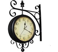 OLSKFUH Wall Clock Wall Clock Art Simple Clock Double Sided Wall Clock, Metal Quiet Easy Read Two Faces Retro Station Clock Antique Hanging Clocks For Garden Home Decor Living Ro,Black
