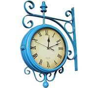 OLSKFUH Wall Clock Wall Clock Art Simple Clock Double Sided Wall Clock, Metal Quiet Easy Read Two Faces Retro Station Clock Antique Hanging Clocks For Garden Home Decor Living Ro,Blue
