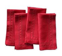 O'lucio Linen Napkins - Red 45 x 45 cm, Set of 4 Hemstitched Dinner Napkins Cloth with Embroidered Swiss Dot - Machine Washable, French Flax Natural Fabric