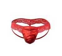 Oludkeph Men's Lace G-String Frilly Sissy Thong Panties Bikini Briefs T-back Thongs See Through Underwear (One Size, Red)