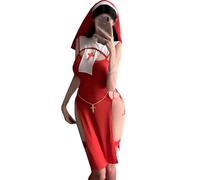 Oludkeph Nun Cosplay Costume for Women Sexy Nun Lingerie High Split Drawstring Fancy Dress Halloween Party with Nun Hat (Red, One Size)