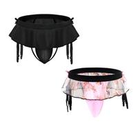 Oludkeph Set of 2 Men's Lingerie Sissy Skirted Thong Panties Bowknot G-string Bikini Girly Underwear with Garter (UK, Alpha, One Size, Regular, Regular, Black Floral Pink)