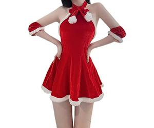 Oludkeph Women's Costume Mrs. Claus Santa Christmas Outfits Sexy Lady Cosplay Halter Backless Mini Dress