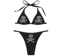Oludkeph Women's Goth Skull Halter Bikini Set Rhinestone Tie Back Swimsuits Beach Swimwear