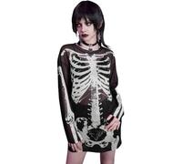 Oludkeph Women's Long Sleeve Sheer Skeleton Mini Dress Halloween Costume | Funny Long Sleeve Outfits,Y2K Gothic,See Through,Skull Skeleton Print,Womens Fun Costume Party Outfit