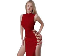 Oludkeph Women's Y2K Black Rave Outfits Bodycon Dress High Slit Lace Up Sleeveless Bandage Cocktail Party Club Dresses