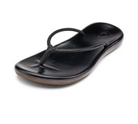 OLUKAI Huawai Women's Sandals, Full-Grain Leather Flip-Flop Slides, Stylish Design, Wet Grip Rubber & All-Day Comfort, Black/Black, 9 UK