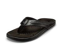 OLUKAI Mea Ola Mano Men's Leather Sandals, Everyday Flip Flops, Premium Materials & Intricate Details, Arch Support & Comfort Fit, Black/Dk Shadow, 15.5 UK