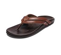 OLUKAI Mea Ola Men's Leather Beach Sandals, Soft & Durable Flip Flops, Arch Support & Comfort Fit, Enhanced Grip & Traction, Tan/Dark Java, 10.5 UK