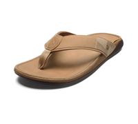 OluKai Tauhine Men's Beach Sandals, Quick Dry Flip-Flop Slides, Waterproof Full-Grain Leather & Wet Grip Soles, Soft Comfort Fit & Arch Support, Golden Sand/Golden Sand, 12